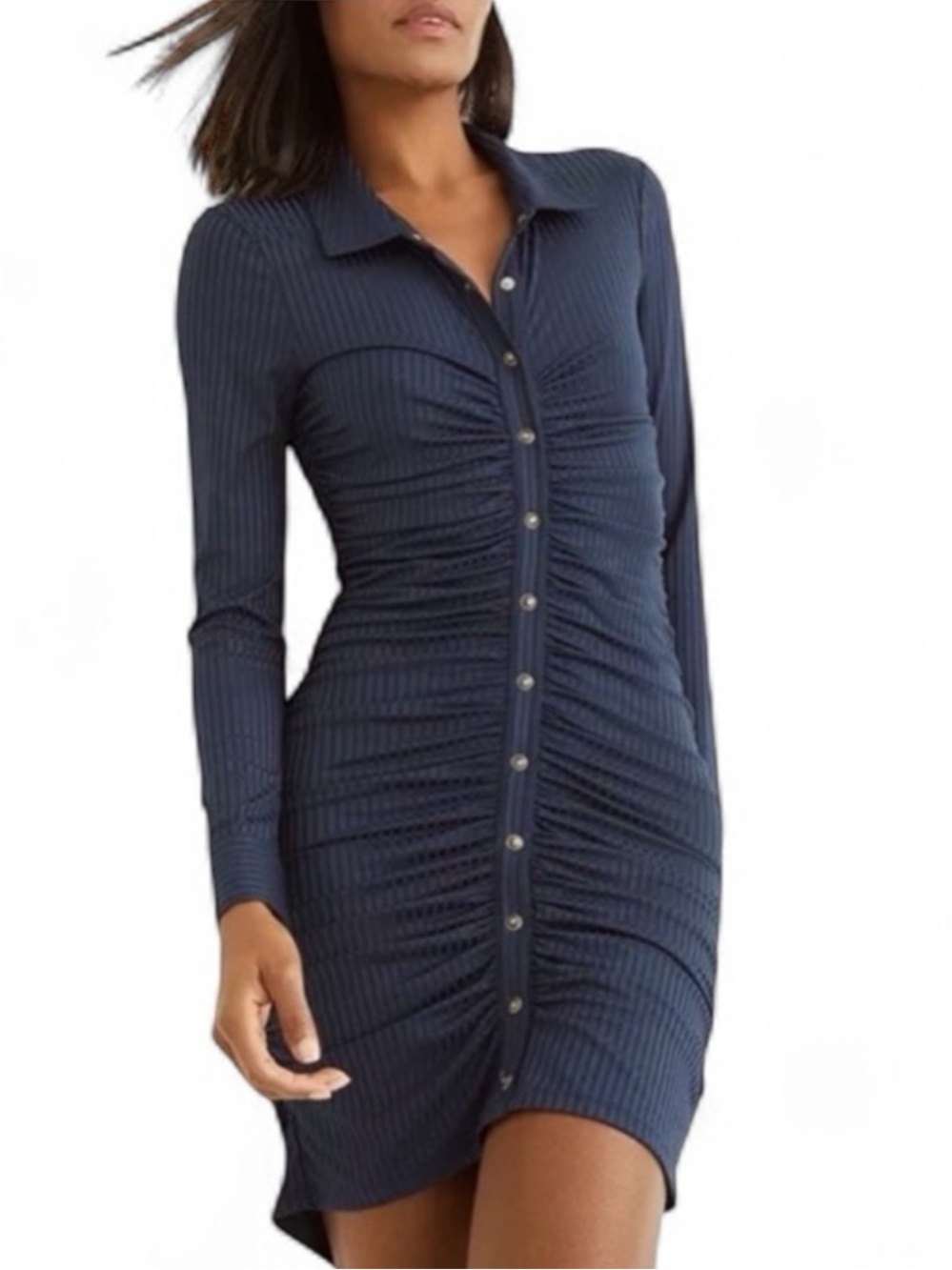 Veronica Beard Davila Navy Ruched Button-Front Bodycon Dress